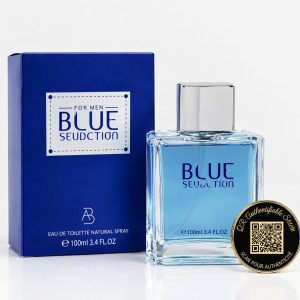 BLUE SEDUCTION  AVEC QR CODE (Un parfum de 50ML sur-mesure dont le QR code gravé sur le flacon réveille vos plus beaux souvenirs en photos, vidéos et audio.)
