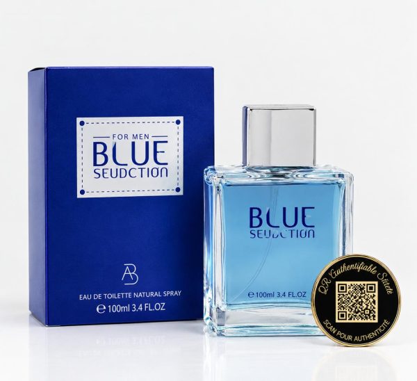 BLUE SEDUCTION AVEC QR CODE (Un parfum de 50ML sur-mesure dont le QR code gravé sur le flacon réveille vos plus beaux souvenirs en photos, vidéos et audio.)